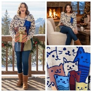 Novelty Cat Print Sweater Women Cotton Wool 2XL Plus Size Knit Cozy Holiday Gift